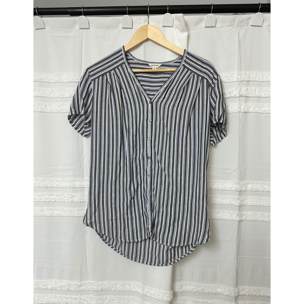 Max Studio Preppy Striped Button Front Blouse Grey Blue White Short Sleeve M